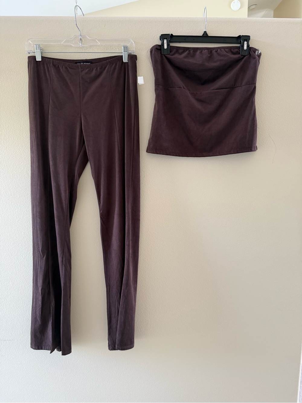 See You Monday Brown Faux Suede Lightweight Skinny Pants & Tube Top Set NEW